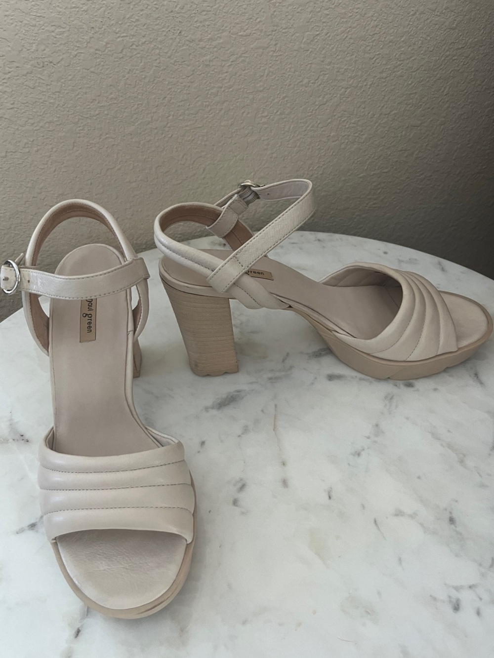Paul Green Neutral Beige Block Heel Ankle-Strap Sandals - Picture 1 of 7